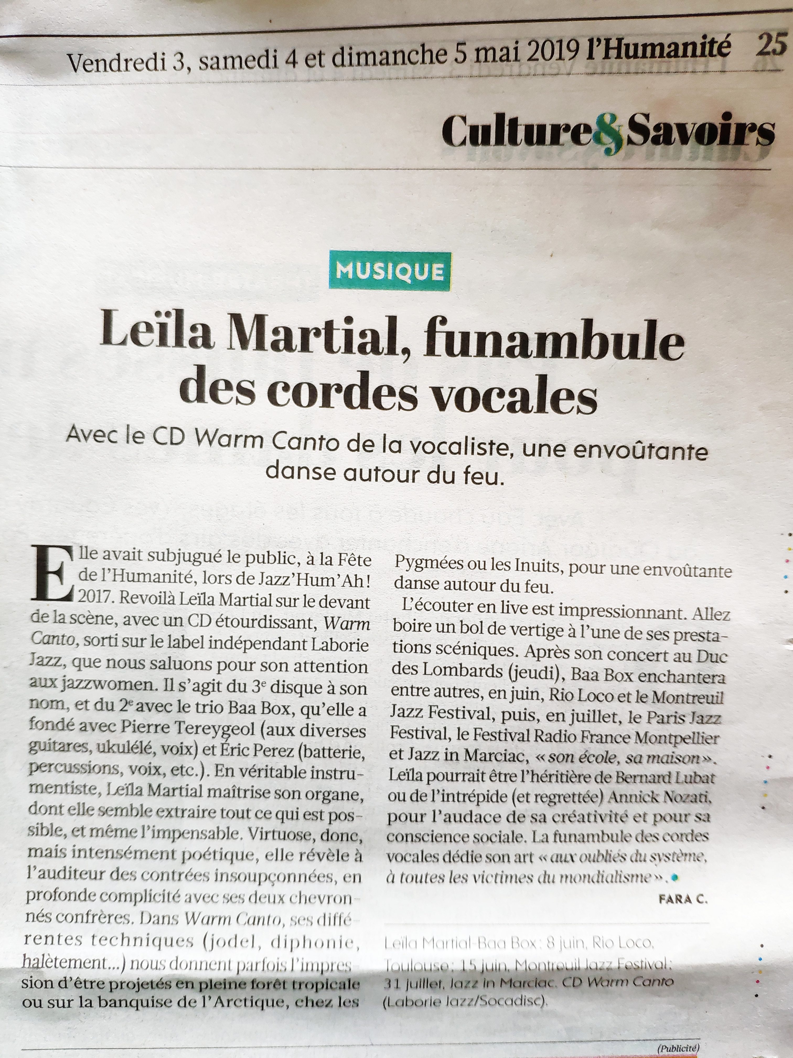 L'Humanité -Leïla Martial "Warm canto"